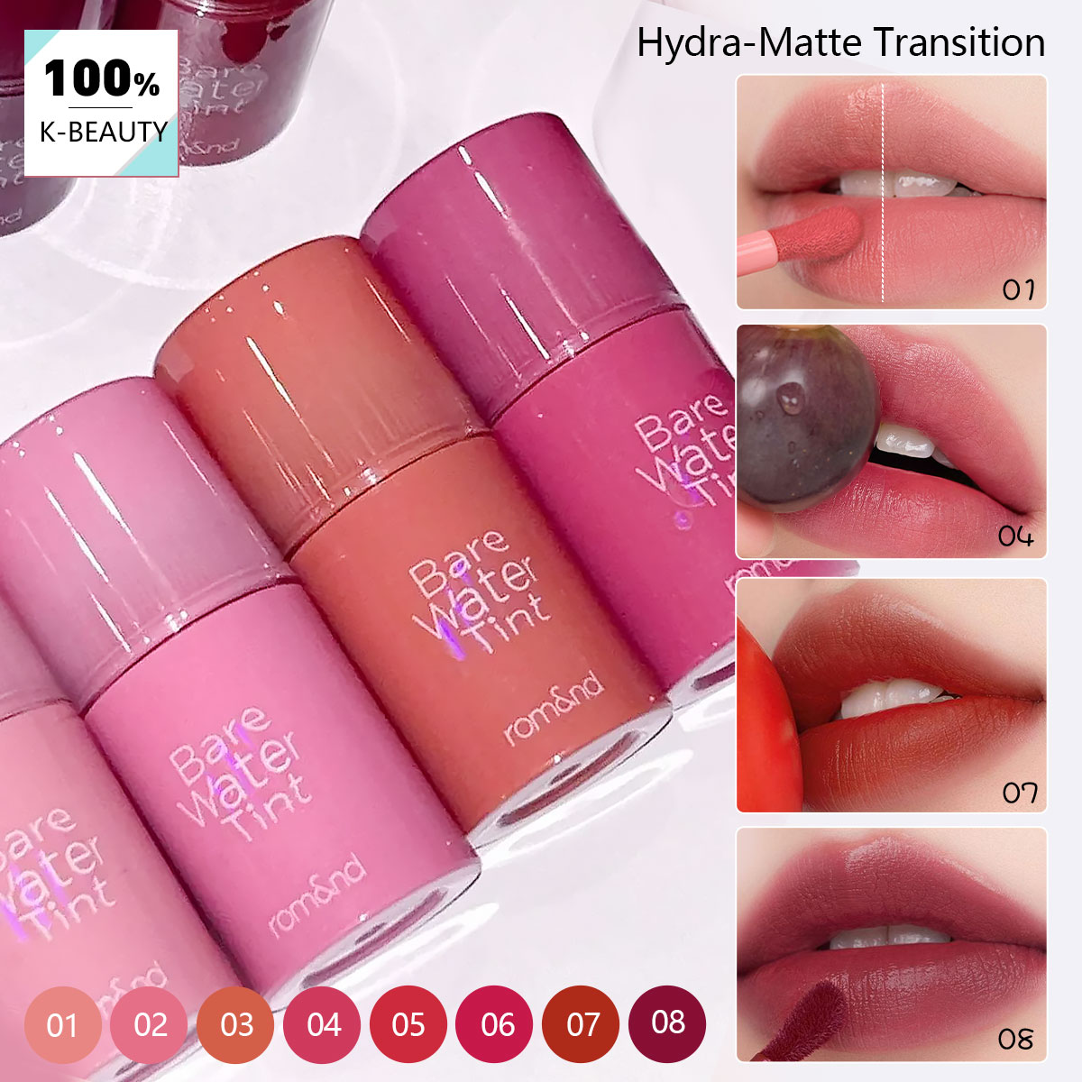 Lip Tint Korean - rom&nd BARE MOOL TINT,Water-Light Texture,Non-Sticky,Luxury Makeup,Long-Lasting