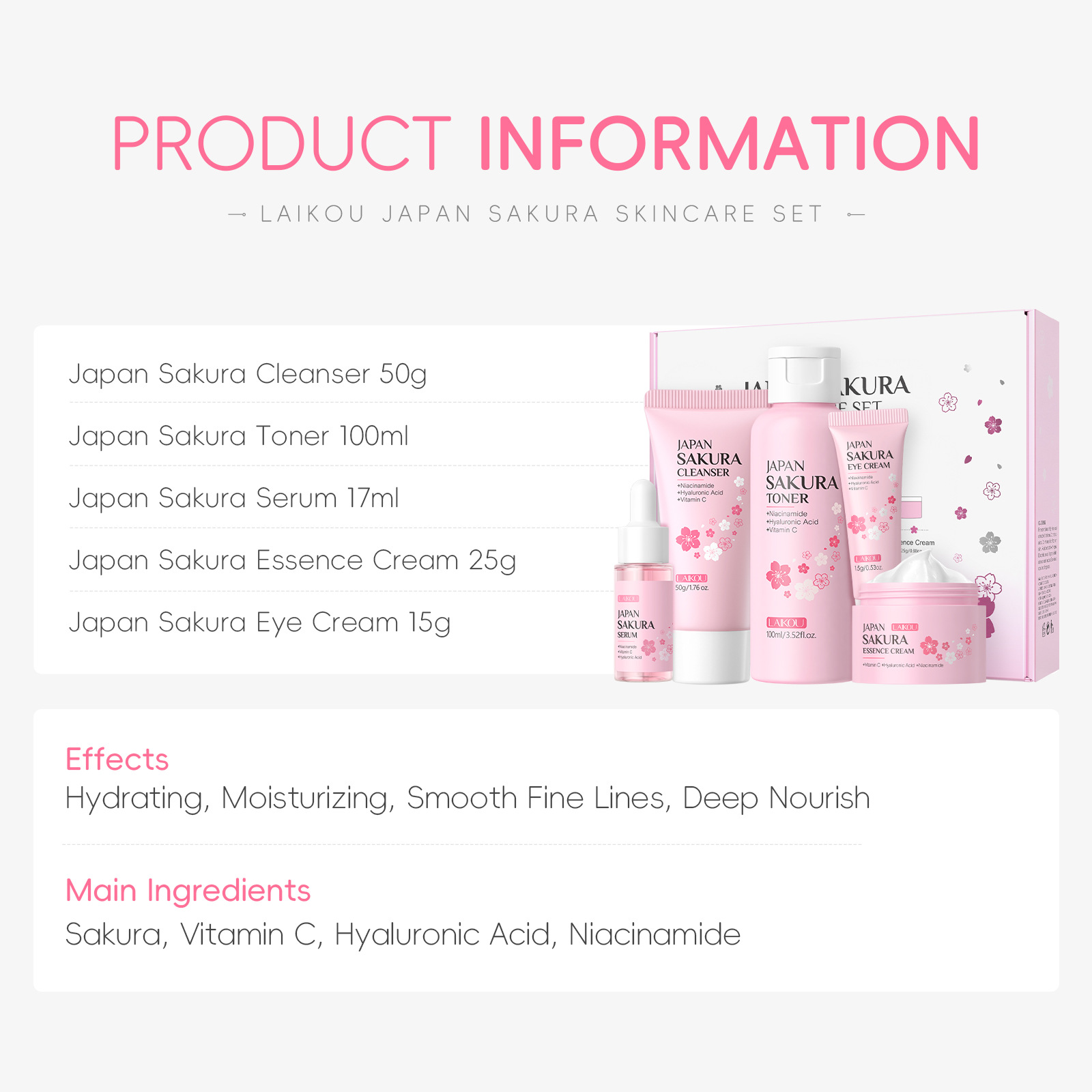 LAIKOU Sakura 5pcs Skin Care K - огляд і ціна Essence Serum Toner